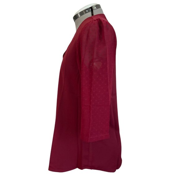 Messic Womens Burgundy V-Neck Blouse With Sheer Polka Dot 3/4 Sleeves Medium - Picture 2 of 9